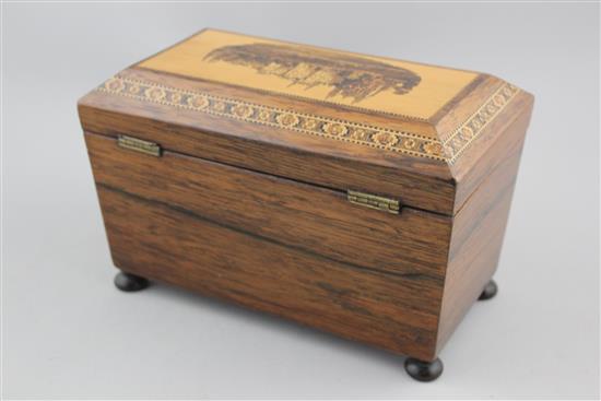 A Victorian rosewood Tunbridge ware tea caddy, 8.25in.